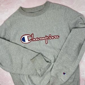 Champion Reverse Weave Grey Sweater with White Script Logo Size XS